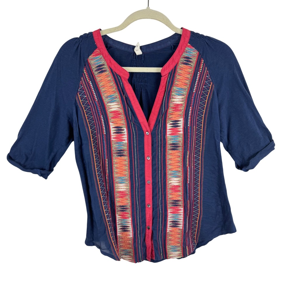 Tiny Anthropologie Womens Navy Blue Embroidered Silk Blend Boho Button Top M